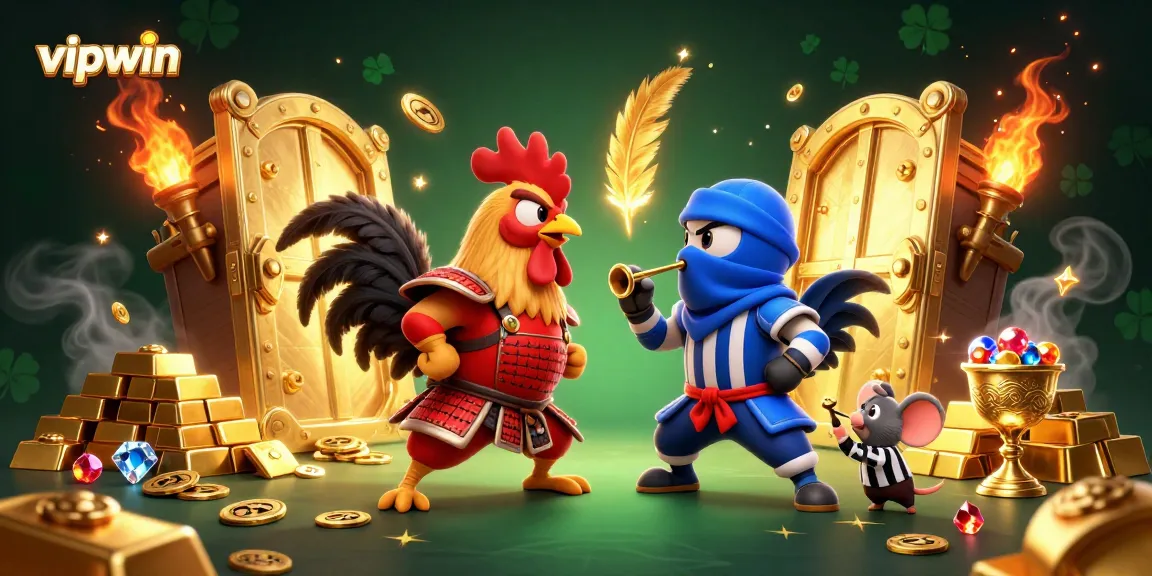 Engage with vipwin's thrilling gameplay featuring epic roosters in a dramatic casino showdown.