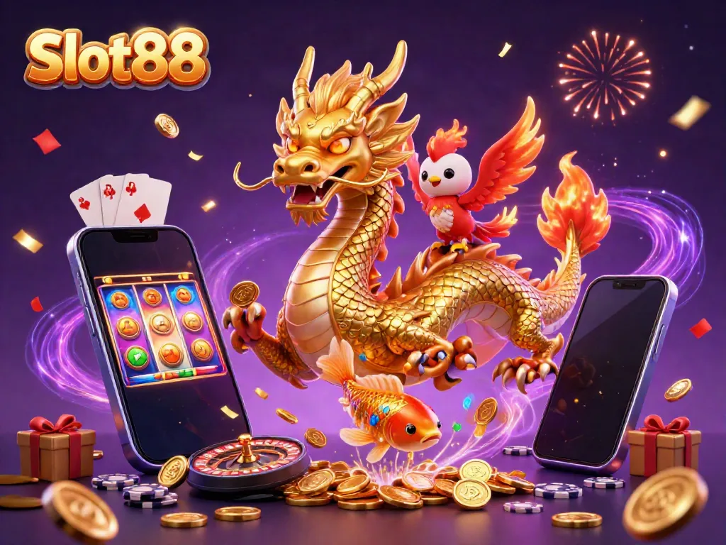 Slot88 menunjukkan permainan slot dengan naga emas dan burung phoenix yang berapi-api