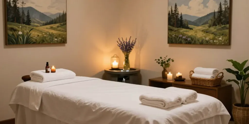 Relaxing massage therapy room showcasing 동탄출장안마 services with essential oils and calming decor.