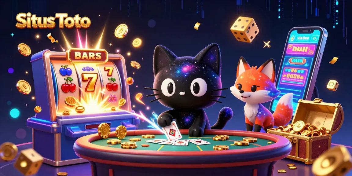 Situs Toto - Engage in thrilling casino activities with dynamic visuals of colorful slots and cosmic characters.