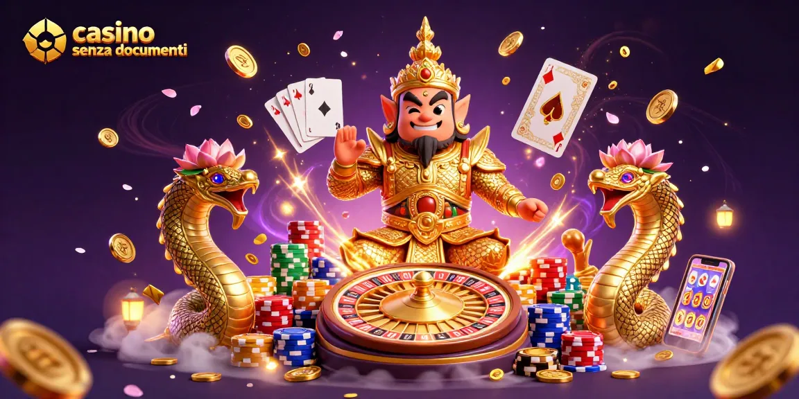 Vivi l'esperienza del casino senza documenti con il guardiano e Naga, circondati di monete e azione della roulette.