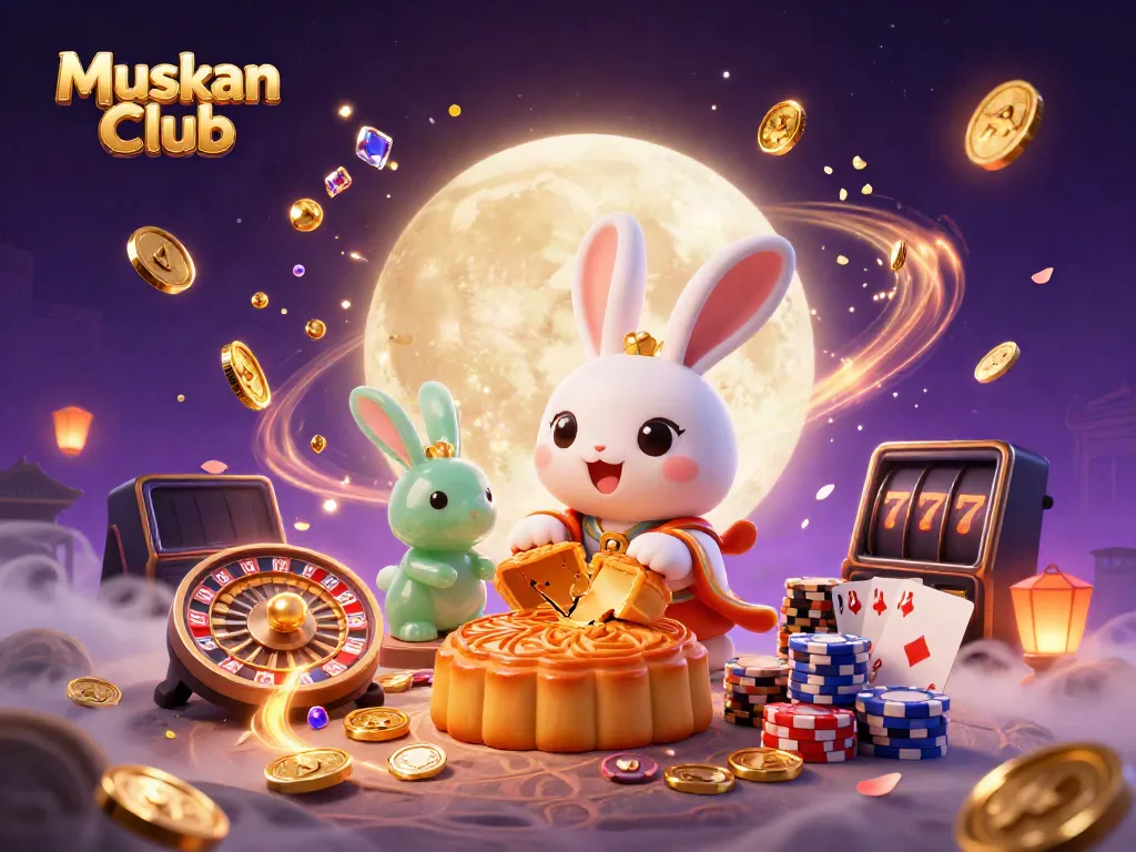 Muskan Club showcases a vibrant casino scene with a moon rabbit amidst dynamic gaming elements.