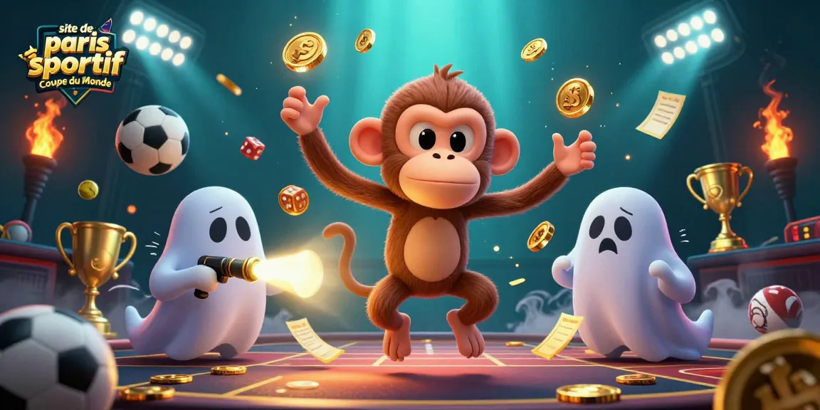 Visualisation dynamique du site de paris sportif Coupe du Monde avec un singe poltergeist et des éléments sportifs captivants.