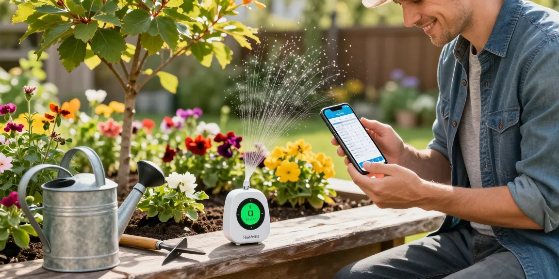 Gardener using a RainPoint water timer to enhance plant care and watering efficiency in a colorful backyard.
