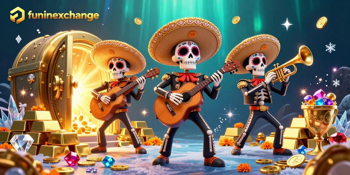 Engage with funinexchange's vibrant gaming experience through a lively mariachi scene filled with gold and gems.