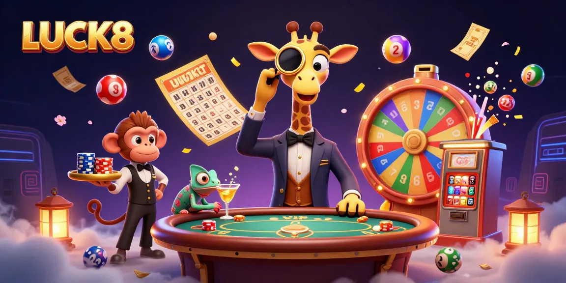 Engage with vibrant gaming excitement at LUCK8 featuring a giraffe in suit, monkeys, and chameleons.