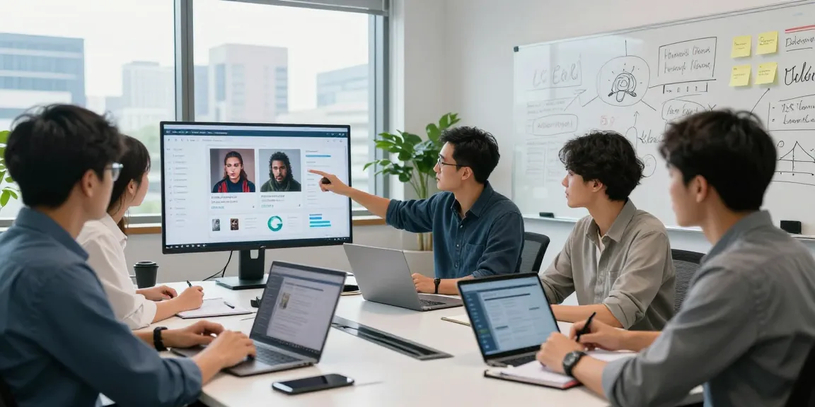 Detect AI image analysis in a modern tech office, showcasing a diverse team collaborating on content moderation.