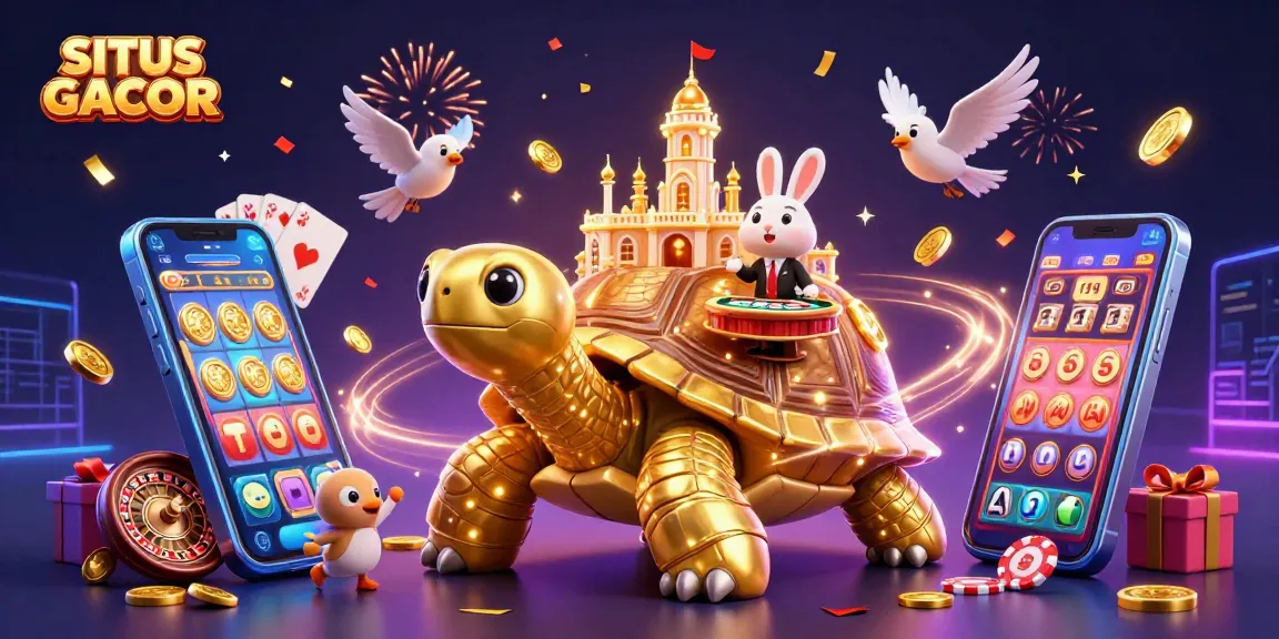 SITUS GACOR reveals thrilling moments with a golden tortoise casino and a rabbit dealer amidst festive coins and celebration