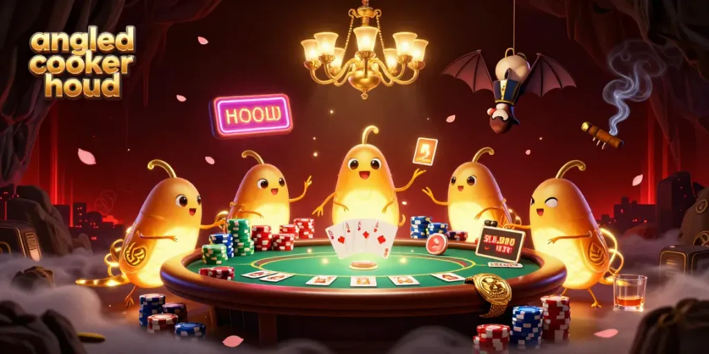 Engage with an angled cooker hood in a vibrant gambling scene lit by glowing glowworms and a bat dealer.