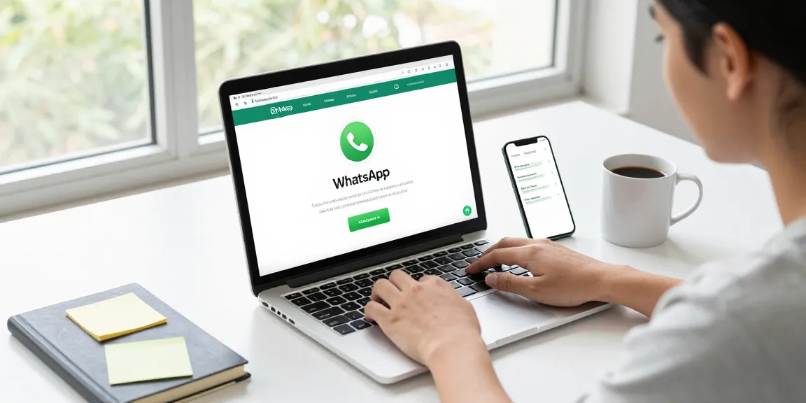 Using WhatsApp網頁版 on a laptop in a bright modern workspace with a smartphone and coffee.