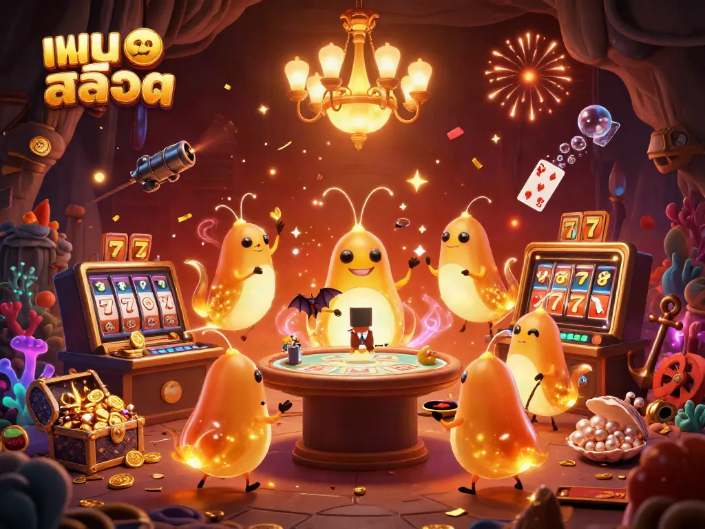 Experience แบบสล็อต excitement with glowing glowworms illuminating a vibrant casino scene.