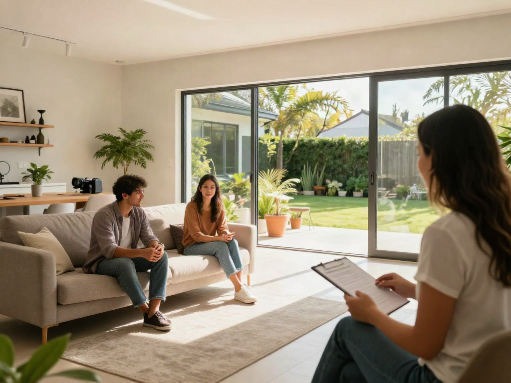 Couple discussing depo 10k home financing options with a real estate agent in a bright modern interior.