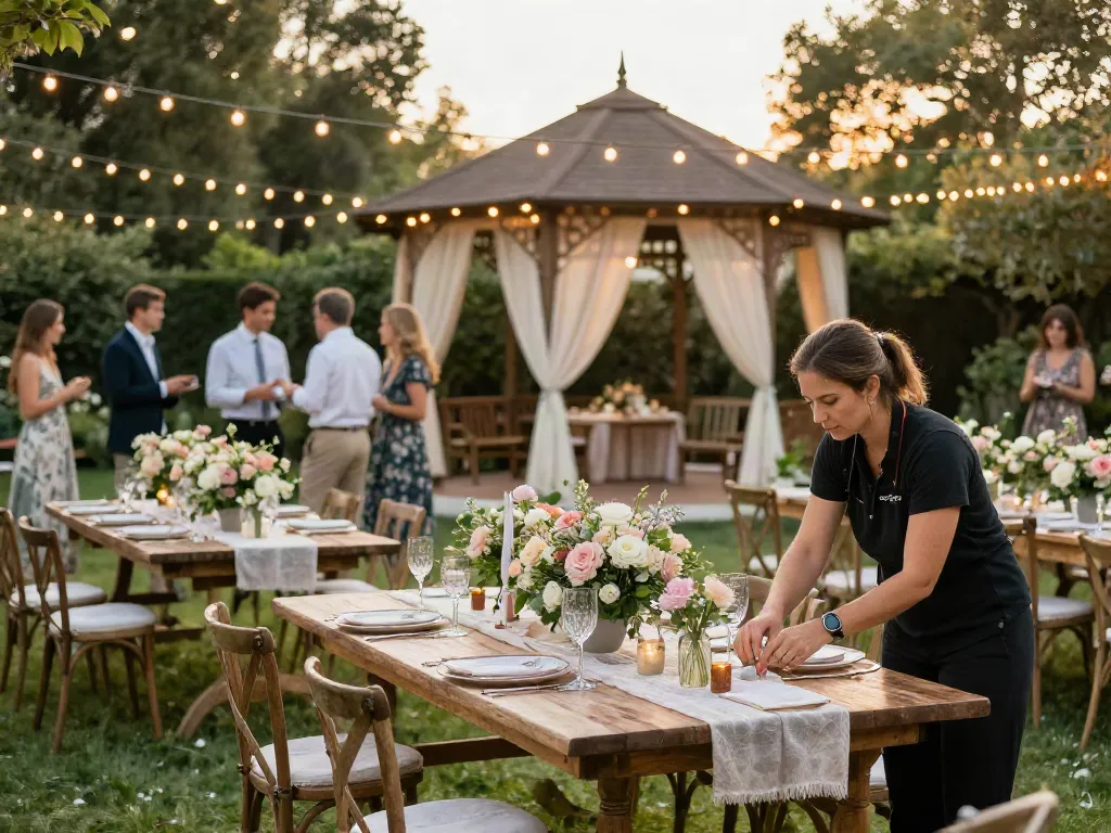 Event rentals for a stunning outdoor wedding setup with elegant decor and floral arrangements.