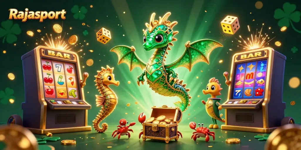 Rajasport menghadirkan petualangan desain permainan kasino dengan naga laut dan harta karun di tengah slot 3D.