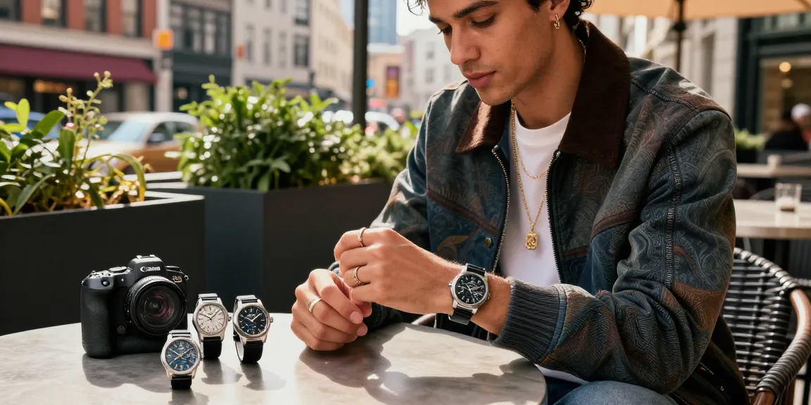 Individual examining luxury clone watches at a trendy café, showcasing urban fashion style.