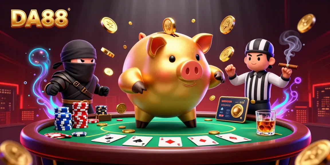 Experience the thrill of DA88 gaming with a dynamic piggy bank sumo wrestler, poker action, and vibrant casino elements.