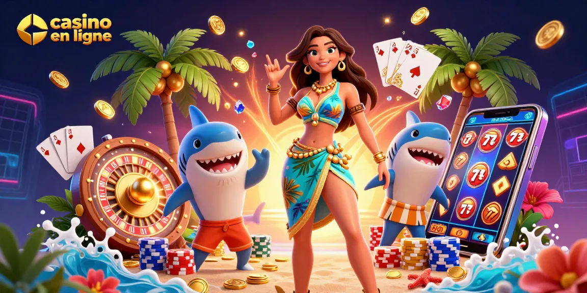 Vivez du plaisir et de l'excitation au casino en ligne avec une illustration 3D vibrante, des pièces brillantes et des personnages engageants.