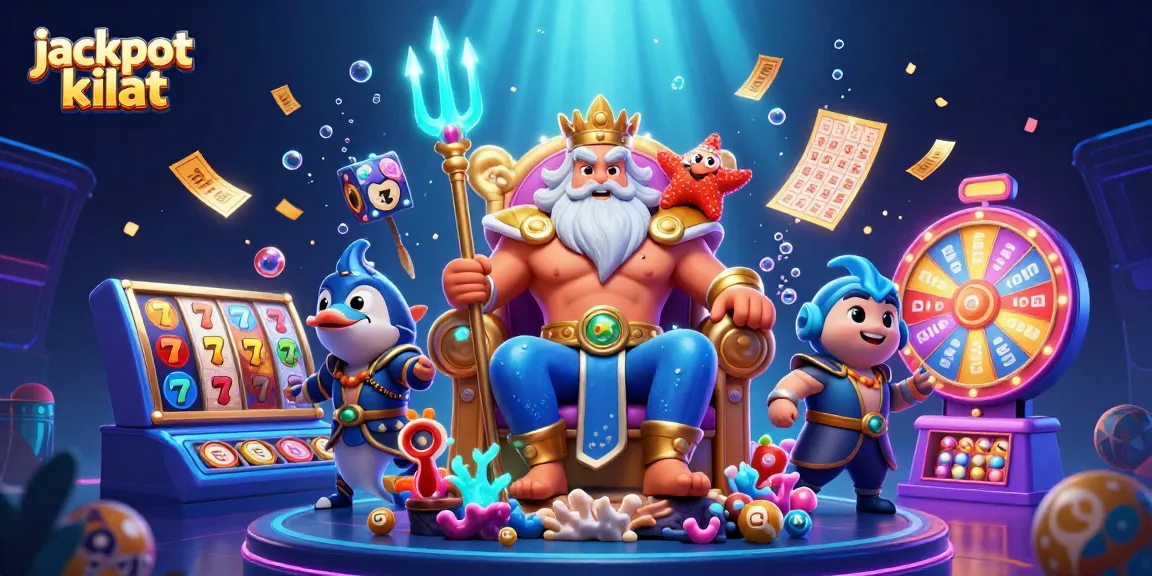 Slot jackpot kilat celebration scene with Neptune, vibrant game elements, and money rain.