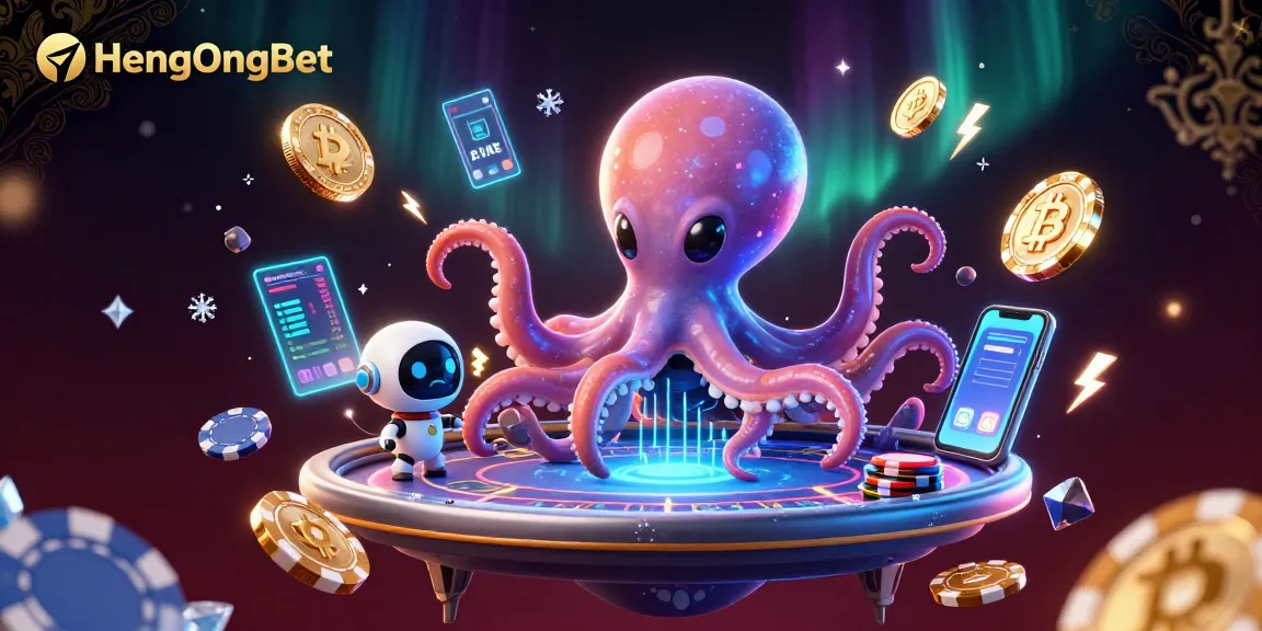 Engage with HengOngBet's vibrant 3D alien octopus casino scene featuring dynamic poker elements and crypto excitement.