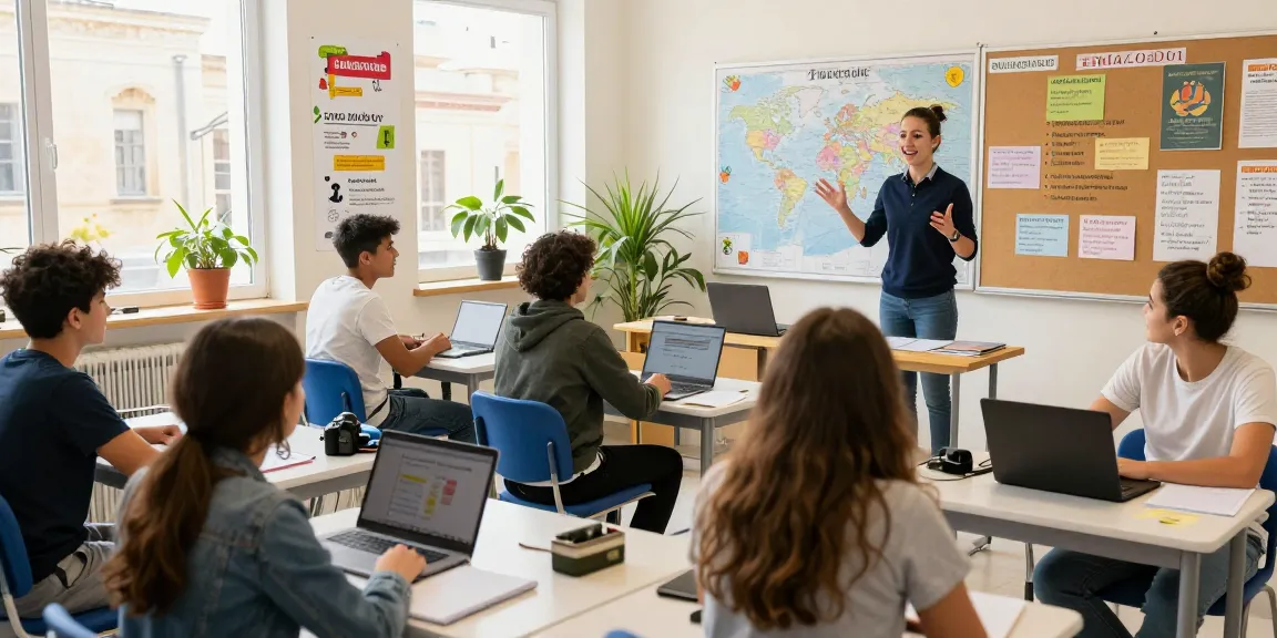 Cursos de inglés en Malta, aula vibrante con estudiantes internacionales aprendiendo con un profesor entusiasta.