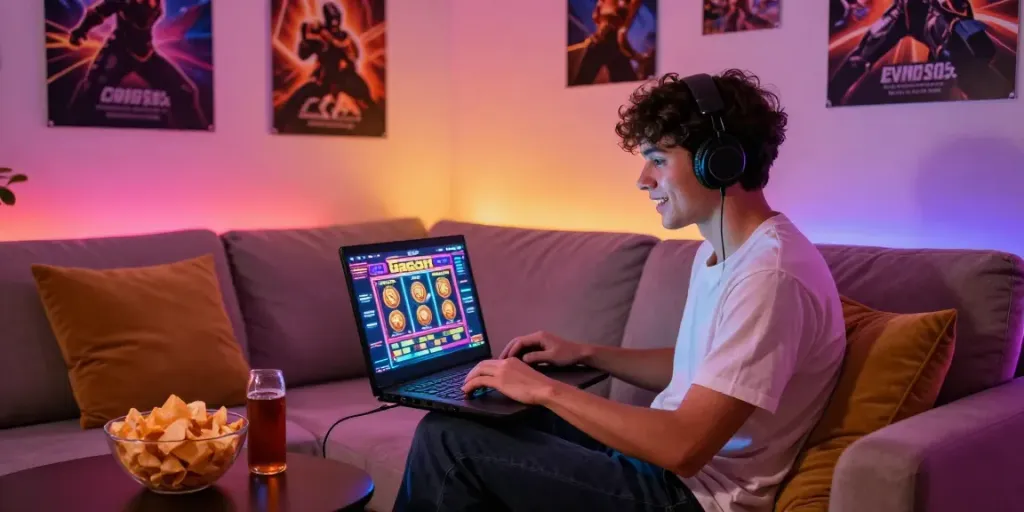 Player engaged in slot gacor games on laptop in cozy living room