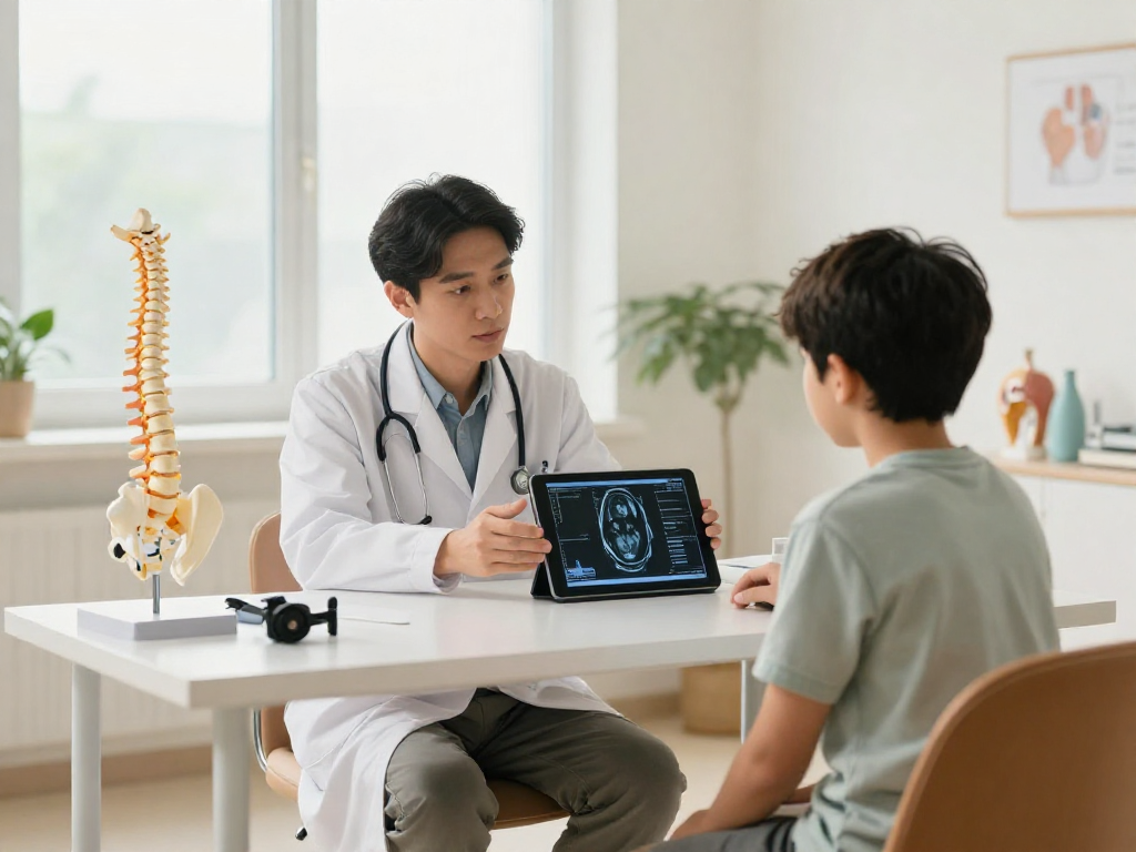 Consultation on boyun fıtığı ameliyatı with doctor presenting MRI scan to patient.