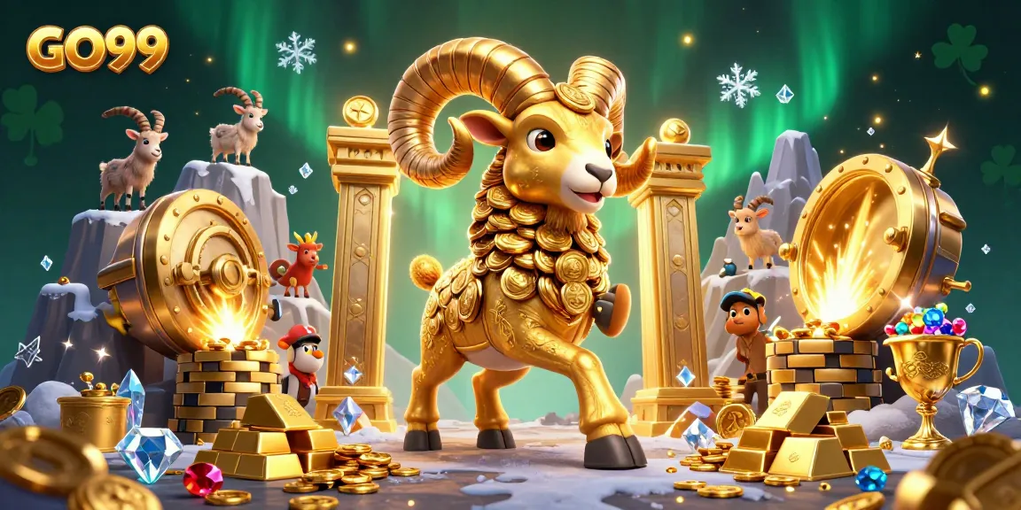 Experience the thrill of GO99 with a massive golden ram charging towards riches in this vibrant casino illustration.