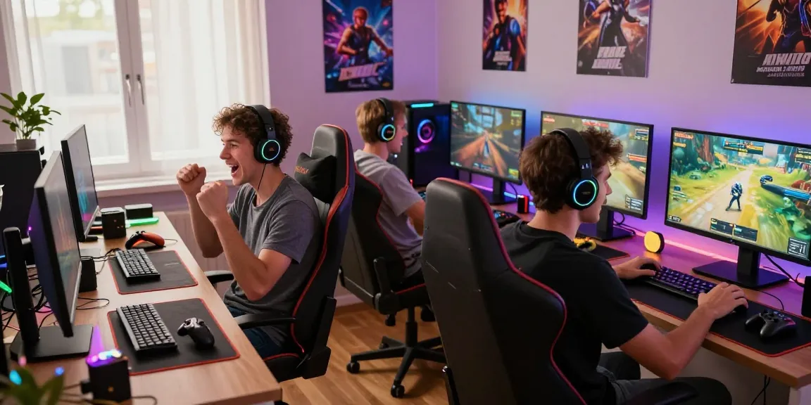 Exciting gaming scene with players immersed in gay porn games, showcasing vibrant expressions and gaming gear.
