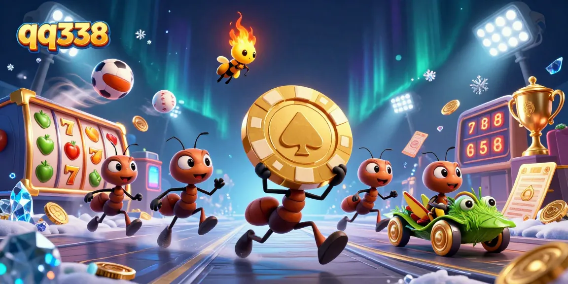 Experience the thrilling heist of qq338 as cartoon ants carry a giant poker chip through a dynamic casino scene.