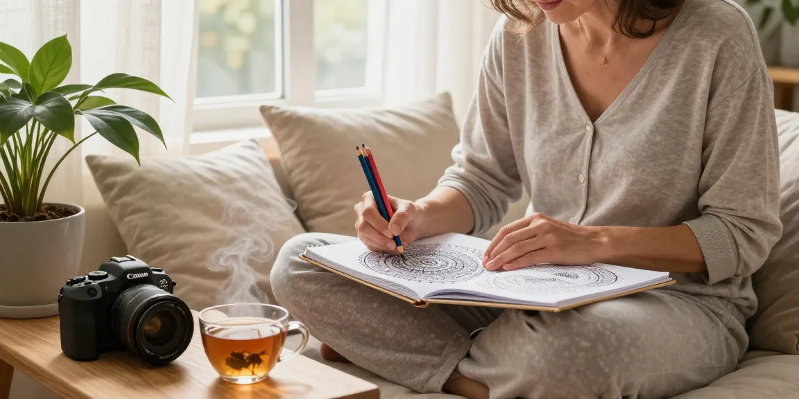 Coloring for stress relief in a calming home nook with vibrant colored pencils and mandala designs.
