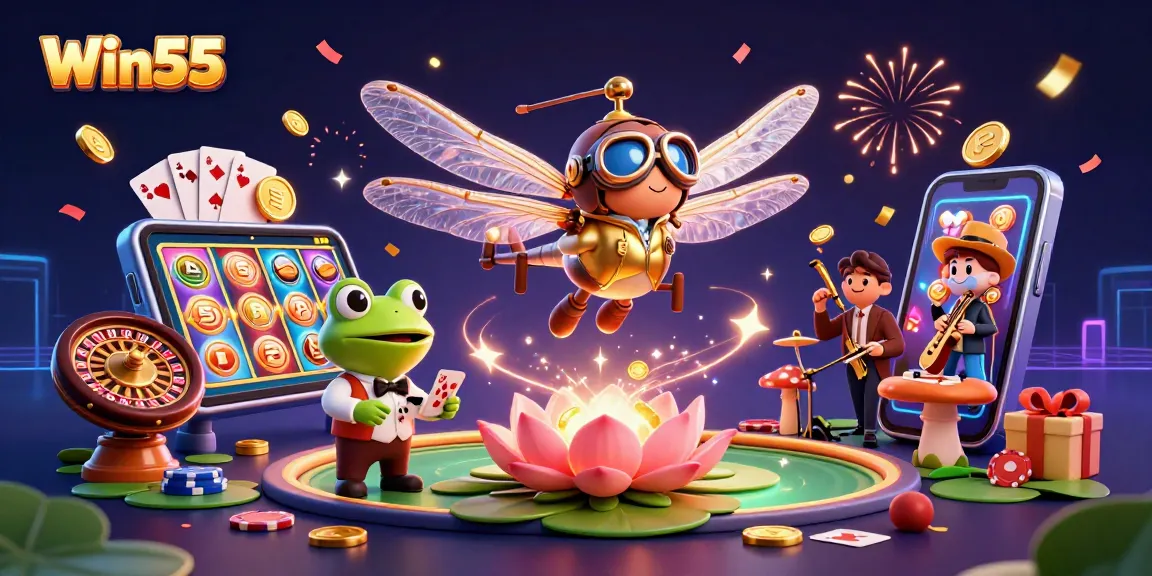 Win55 showcases a vibrant scene with a playful dragonfly pilot, frog dealer, and musical crickets, embodying a lively casino atmosphere.