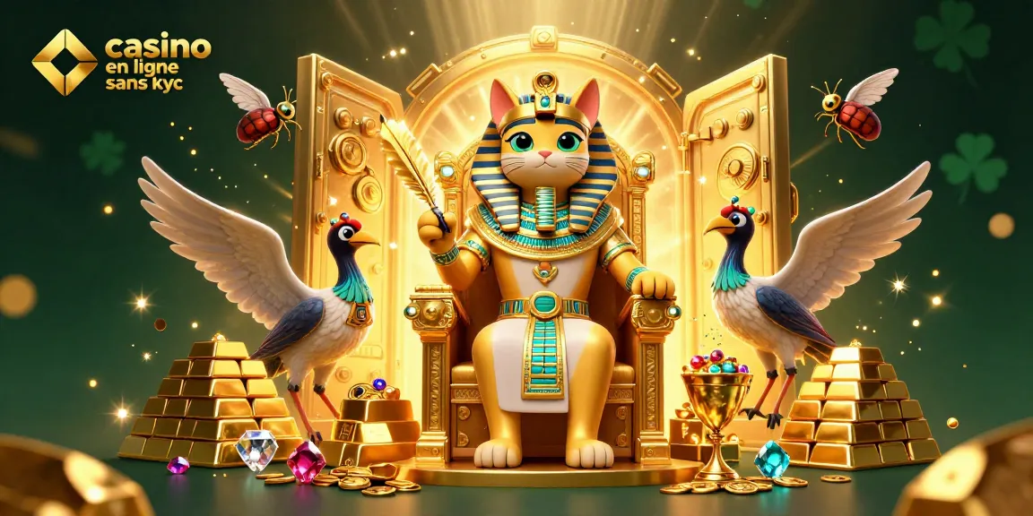 Admirez un chat pharaoh égyptien en royauté avec le titre "casino en ligne sans kyc" et une ambiance de trésor doré.