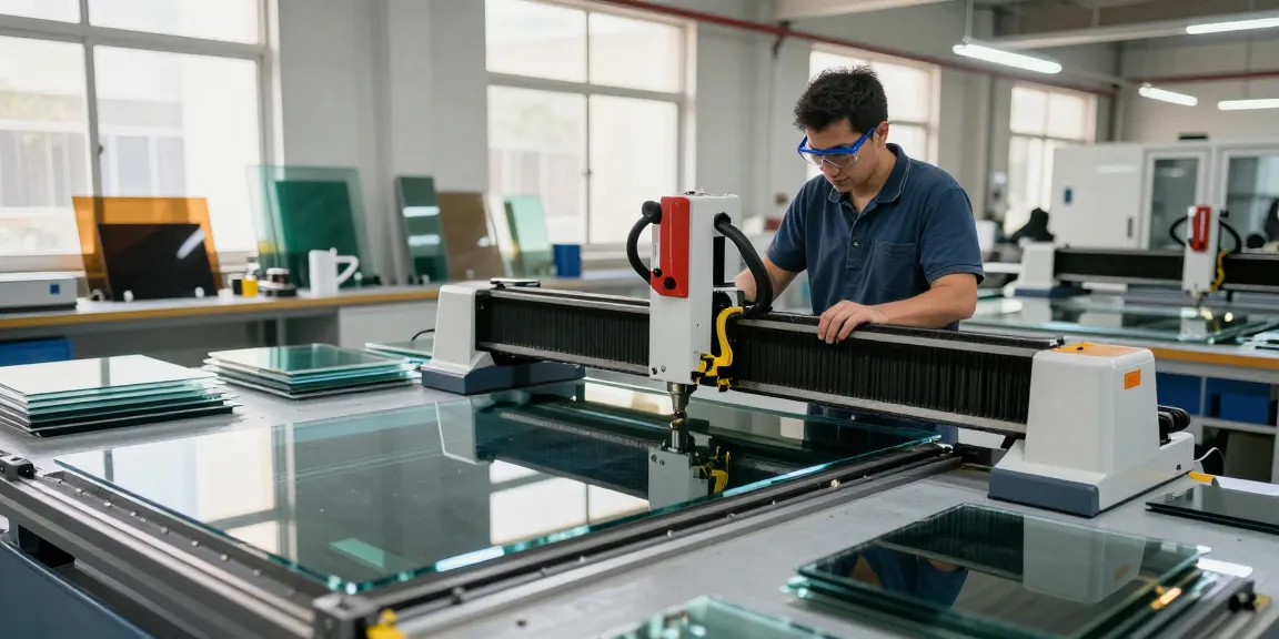 Technician using a glass cutting machine in a modern industrial workshop for precise glass processing.
