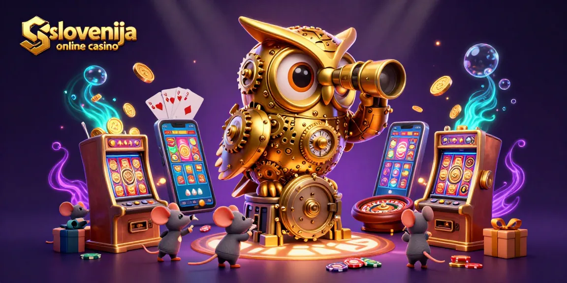 Slovenski online casino ponuja spektakularno doživetje z 3D ilustracijo, v kateri se zlate sovice in miši gibljijo med igralnimi avtomati.