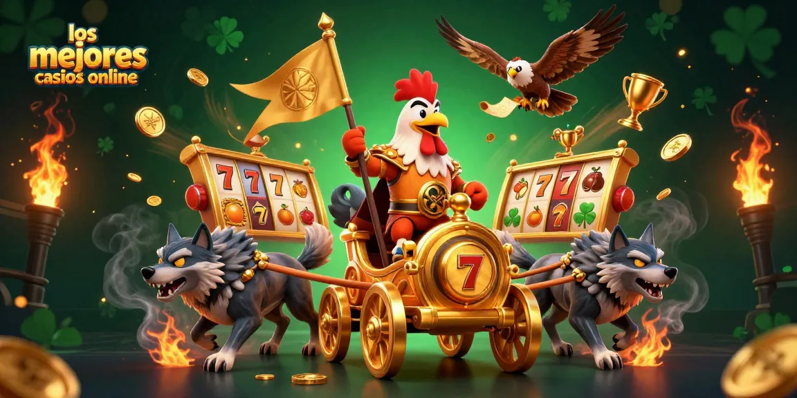 Los mejores casinos online con un guerrero y elementos tragamonedas en una ilustración emocionante.