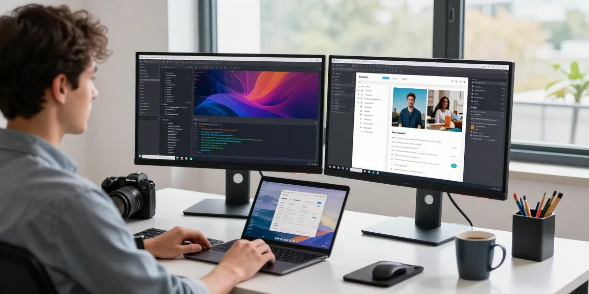 快连 software development workspace with multiple monitors and a developer at work, showcasing innovative coding and app design.