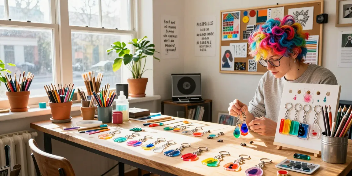 Artisan crafting personalized keychains in a vibrant creative workspace filled with inspiration.
