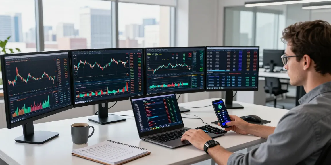 Cricbet99 crypto trading setup featuring advanced monitors, digital wallet, and live market analysis.