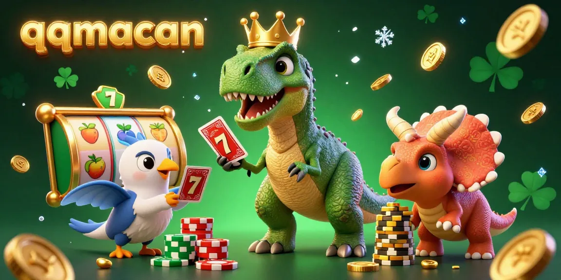 Engage with the thrilling charm of qqmacan's card games featuring a playful dinosaur scene with vibrant slot elements.