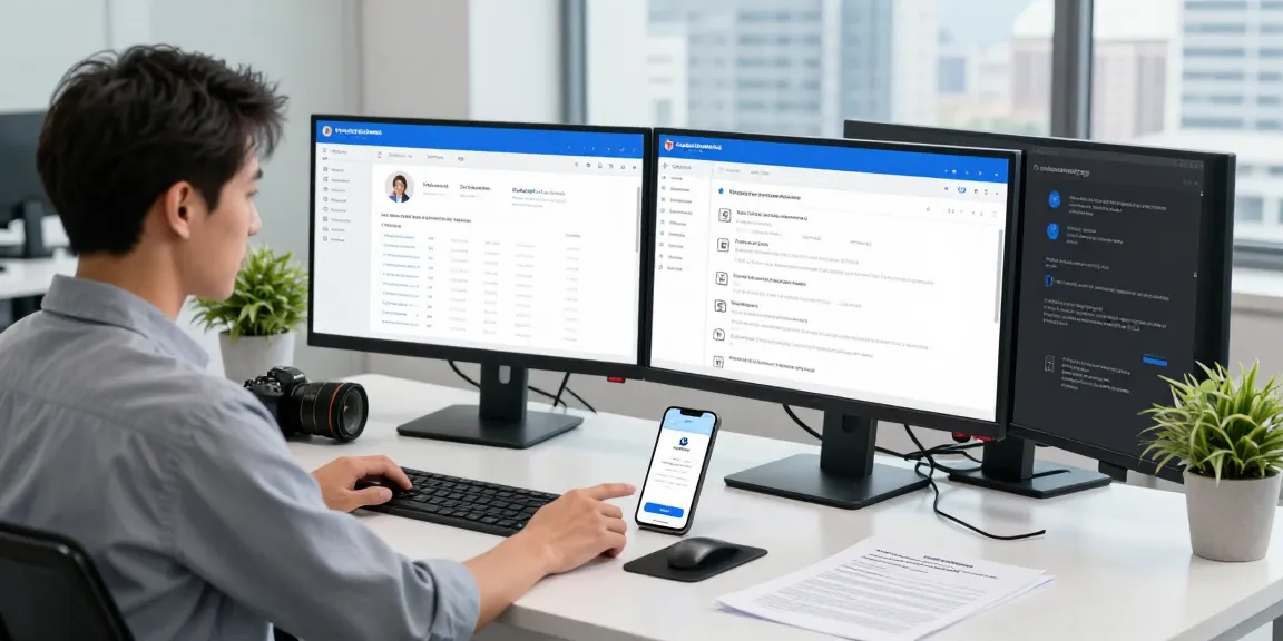 A modern office scene illustrating an age verification system in action, focused on an IT specialist analyzing data and compliance.