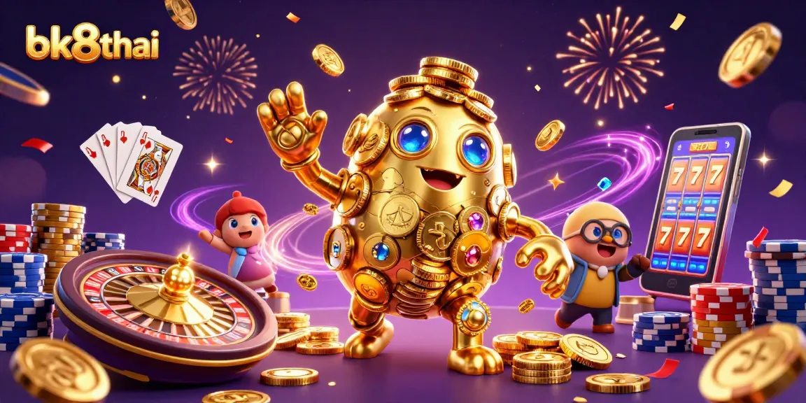 Engage with bk8thai's dynamic casino world featuring golden golem, coins, and roulette.