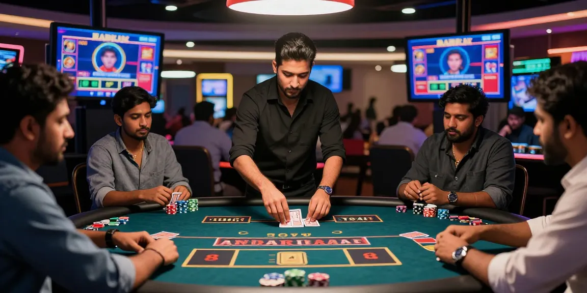 Live Andar Bahar game in action with real dealer and excited players at a casino table.