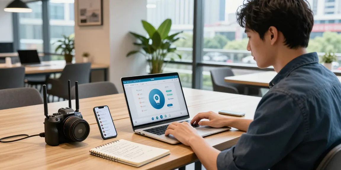 Digital nomad accessing telegram china usage with VPN in a modern workspace.