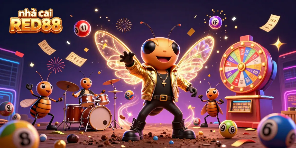 Engaging scene of nhà cái RED88 with a rock star cicada, drummer beetle, and crickets celebrating in a dynamic casino environment.