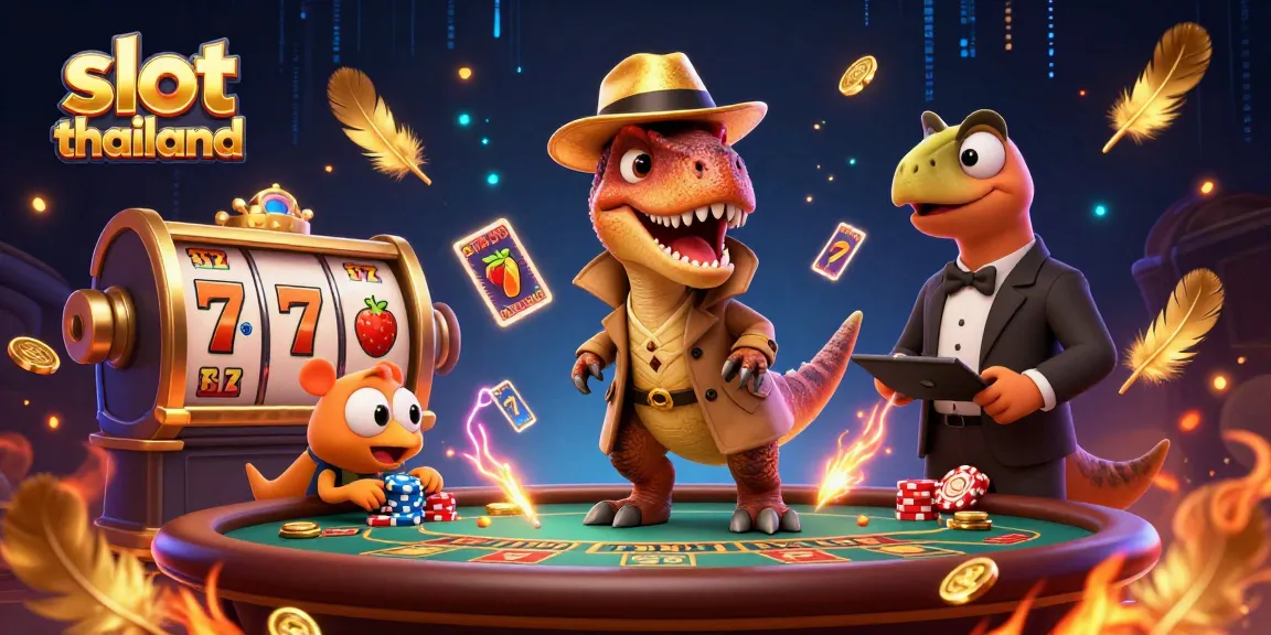 Engage with vibrant slot thailand gameplay featuring a cartoon velociraptor card counter under astute scrutiny at a dynamic casino scene.