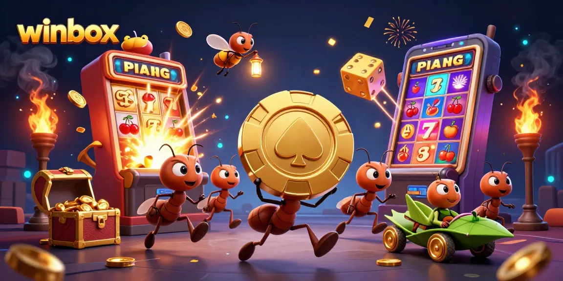 Experience excitement at winbox with a dynamic casino heist scene featuring cartoon ants and thrilling game elements.