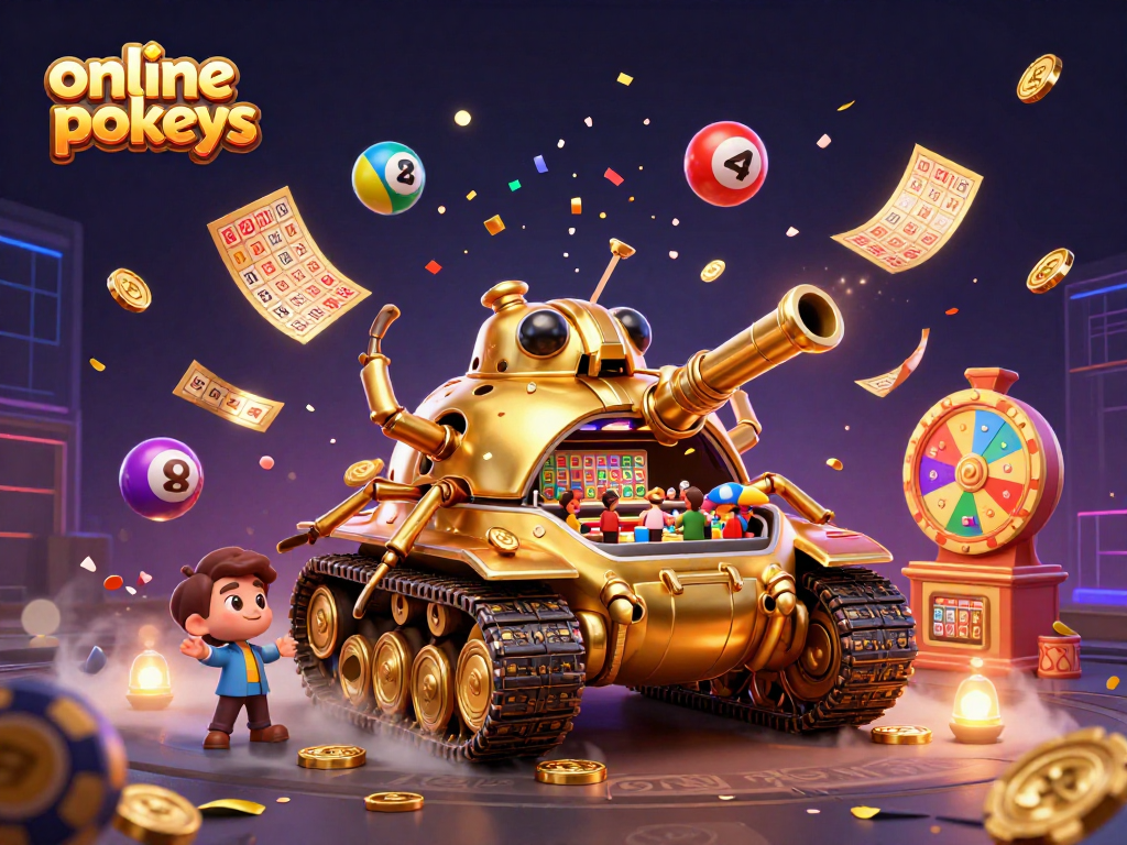 Engage in exciting online pokies gaming as colorful elements burst dynamically around a golden casino tank.
