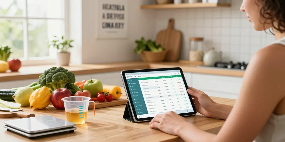 Using the best calorie tracker app to log meals with fresh ingredients in a bright kitchen.