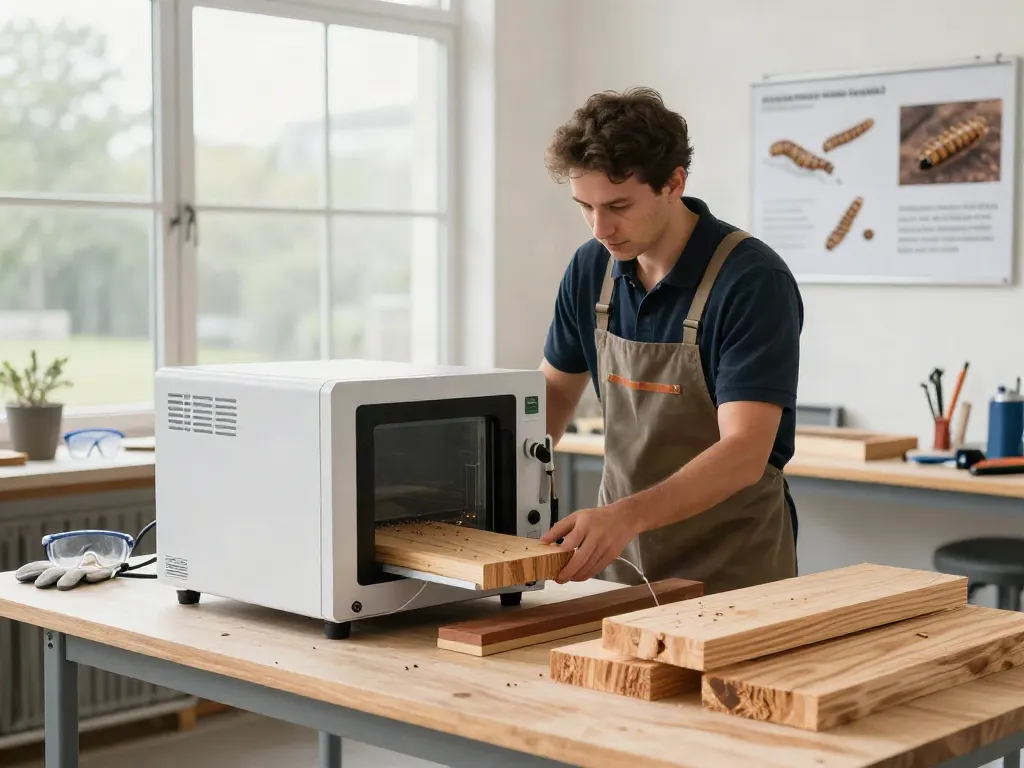 SHASHEL® technician using microwave technology for woodworm elimination in a clean workshop.