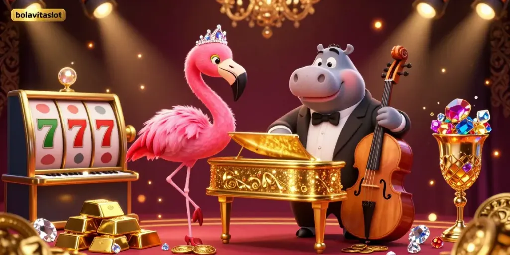Experience the thrill of bolavitaslot featuring a flamingo singer and hippo bassist in a vibrant casino scene.